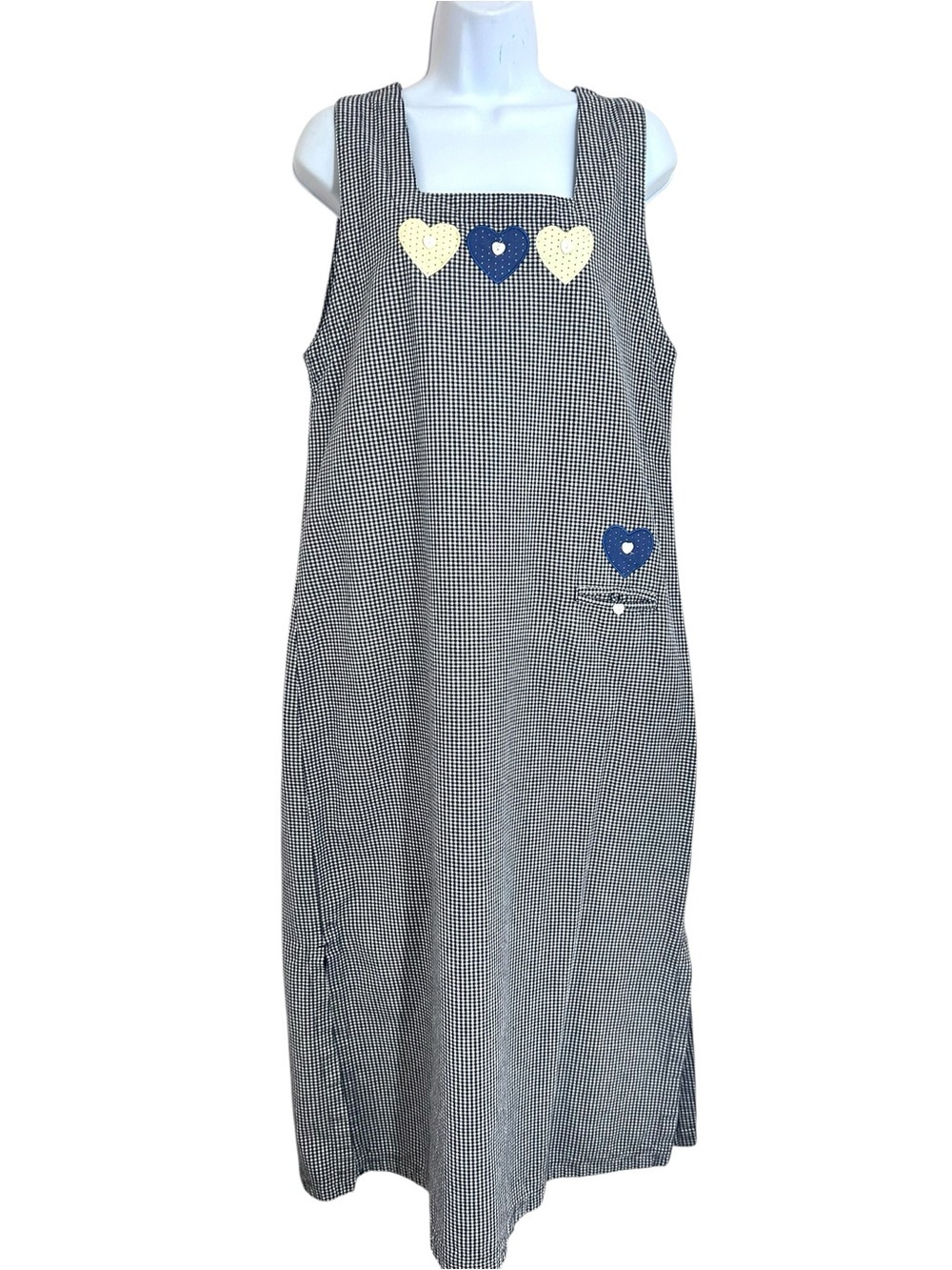 90s Y2K Gingham Heart Appliqué Pinafore Overall Jumper Dress Navy White size M